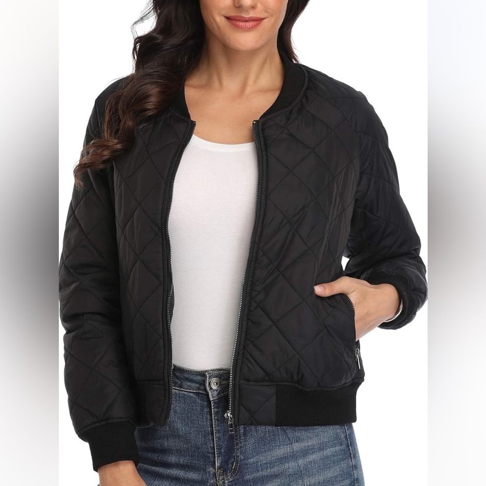 Quilted Bomber Jacket Casual Lightweight Black size medium